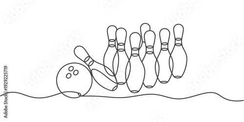 Minimalist continuous line drawing of bowling ball and pins sports illustration