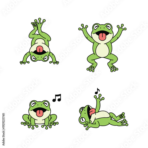 Cartoon frogs dancing and singing with joyful expressions