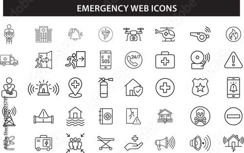 Emergency Web Icons Line Style Set, Evacuation SOS Call Ambulance Exit Collection, Editable Stroke Vector Illustration