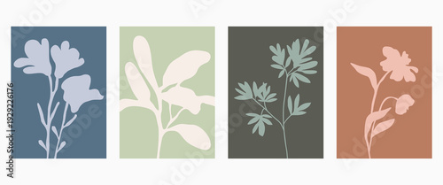 Set of abstract foliage poster vector design. Leaves, flower, organic shapes with earth tone colors. Illustration design for Eco packaging, interior, cover, wall art, wallpaper