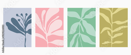 Set of abstract foliage poster vector design. Leaves, flower, organic shapes with earth tone colors. Illustration design for Eco packaging, interior, cover, wall art, wallpaper