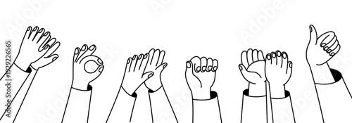 Vector simple linear illustration, hands and gestures, hand drawn illustration, poster, logo, print design template, business cooperation and teamwork concept