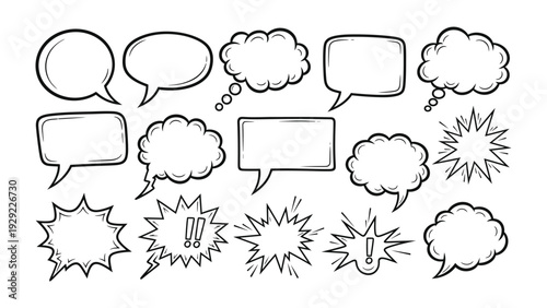 Communication Bubbles: A collection of various hand-drawn speech bubbles and thought bubbles. perfect for illustrating conversations, thoughts, and ideas.