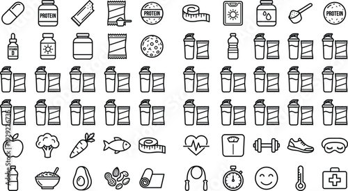 Protein Supplements and Fitness Nutrition Line Icon Set with Shaker Bottles Vitamins and Healthy Food Symbols
