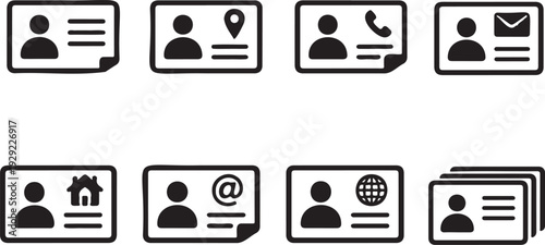 Minimal business card icon set black silhouette, Contact information card symbols collection, Corporate identity badge icons isolated on white