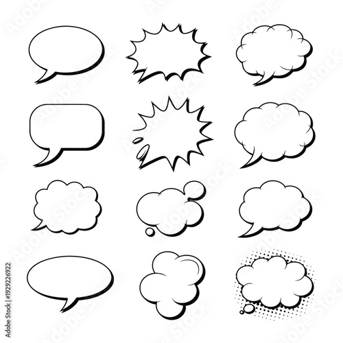 Fotografie Comic Speech Bubbles: A collection of various comic speech bubbles, ready for conveying thoughts, dialogue, and expressive communication in a dynamic and visually appealing manner