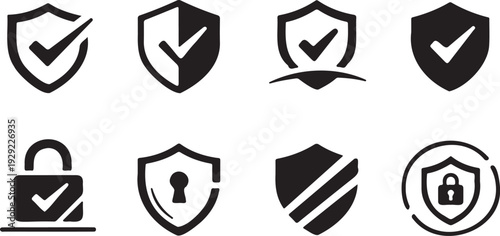 Security shield icon set protection symbols, Shield with check mark and padlock icons, Safety badge collection black silhouette