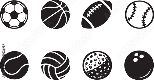 Sports ball icon set minimal silhouette style, Different sport balls symbols collection, Athletic equipment icons isolated on white