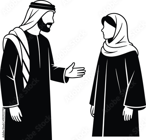 Arab man and woman in traditional Islamic clothing silhouette, Middle Eastern couple conversation vector illustration, cultural attire black and white isolated character design