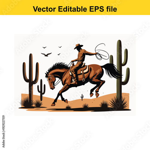 Cowboy Riding Horse Desert Scene Vector Illustration