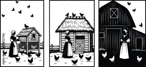 Black and white vector illustration set of farm women tending to chickens near rustic coops barns and cottages in a traditional countryside village scene