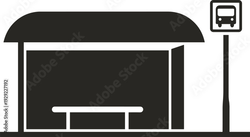 Bus stop shelter silhouette illustration, public transport station icon with bench and sign, black and white city transit design, isolated urban transportation symbol