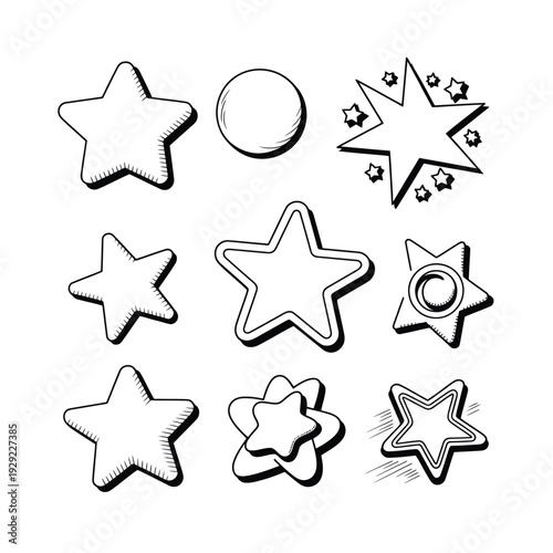 Celestial Sketch Collection: A compilation of hand-drawn, star-shaped elements, each radiating unique design and charm, perfect for adding a touch of whimsy and elegance to creative projects.