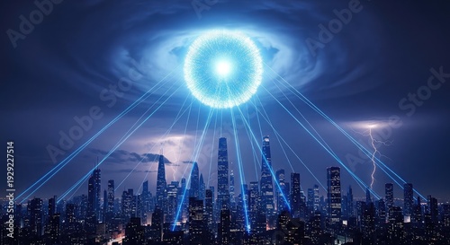 Futuristic urban skyline at night featuring fireworks and a moonlit sky with clouds over glowing blue skyscrapers and architectural silhouettes in a shining vector illustration design