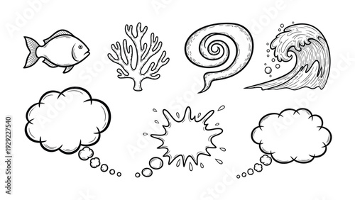 Oceanic Doodle Elements: A collection of charming, hand-drawn aquatic elements, including a playful fish, intricate coral, a swirling speech bubble, and dynamic water graphics.