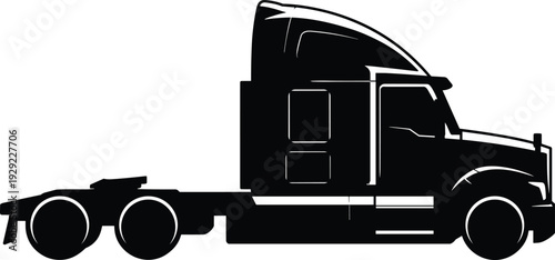 Black semi truck silhouette, side view tractor trailer illustration, heavy duty transport vehicle graphic, isolated commercial lorry icon, freight transportation design on white background