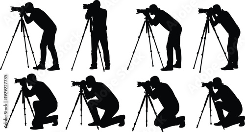 Black and White Silhouette Vector Set of Professional Male Photographers Using Cameras on Tripods in Standing and Kneeling Poses Isolated on White Background