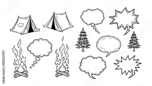 Camping Doodles: Hand-drawn camping elements including a tent, speech bubbles, fir tree, and a campfire. The camping illustration captures the essence of outdoor adventure.