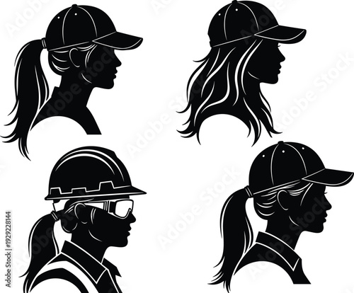 Black and White Silhouette Vector Set of Professional Women Wearing Baseball Caps and Construction Hard Hat with Safety Goggles Isolated on a White Background