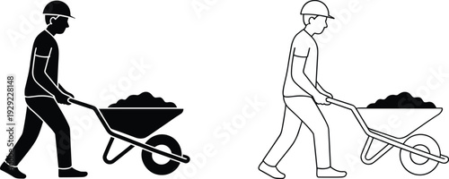 Construction worker pushing wheelbarrow silhouette illustration, manual labor concept, isolated vector icon, black and white worker graphic, industrial work symbol on white background