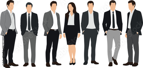 Professional business team illustration featuring diverse corporate men and women in formal suits standing together for office teamwork concepts