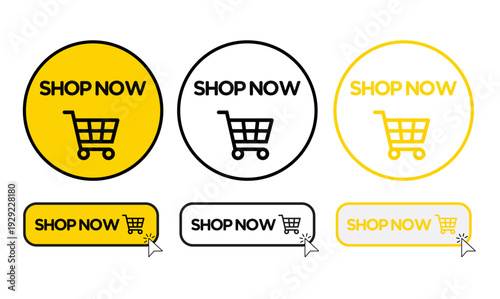 Shop now buttons. Set of shop now buttons with cart icon. Buy now button for online shop. Call for action buttons. Modern colorful buttons for website design. Vector illustration