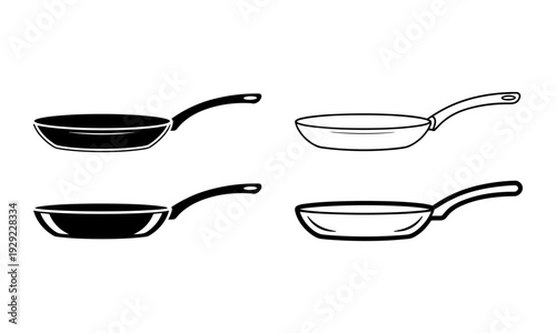  Frying Pan Set Vector Illustration, Black and White Cookware Silhouettes, Nonstick Skillet Collection Isolated on White Background for Kitchen Design and Culinary Graphics, Restaurant Equipment