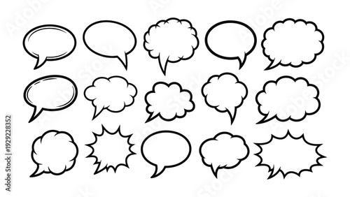 Speech Bubbles Variety: A collection of various comic-style speech bubbles, perfect for conveying thoughts, dialogue, and ideas in a dynamic and visually appealing manner.