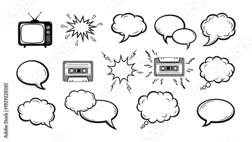 Retro Media Pop Art: A compilation of vintage television set, cassette tape, speech bubbles, and pop-art elements that evoke a sense of nostalgia.
