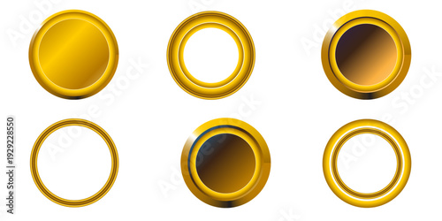 Gold, silver, bronze circle medals, metal circle frames, coins. First, second, third place award frames isolated on black background. Realistic vector illustration.