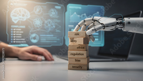 Robotic hand place last block on stack of wooden blocks with AI ethical concern and responsible usage concept, with human hand and digital screen background, bright light