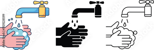 Handwashing with running water illustration set, hygiene concept icons, washing hands under faucet with soap bubbles, cleanliness and sanitation symbols isolated on white background