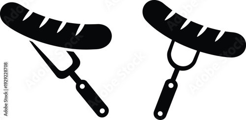 Hot dog on fork silhouette icon set, grilled sausage street food symbol, barbecue snack illustration, fast food graphic isolated on white background