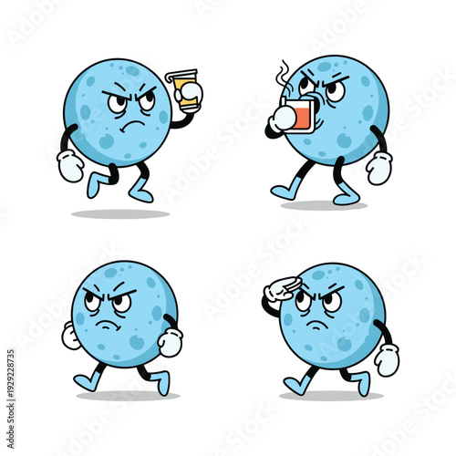 Unhappy blue planet character set with different emotions and actions