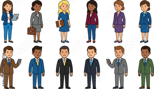 Diverse business professionals character set, corporate office men and women in formal attire, company staff collection, flat vector illustration isolated background