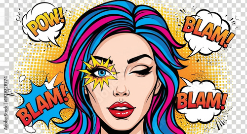 Comic book style portrait of a woman with vibrant hair and speech bubbles.