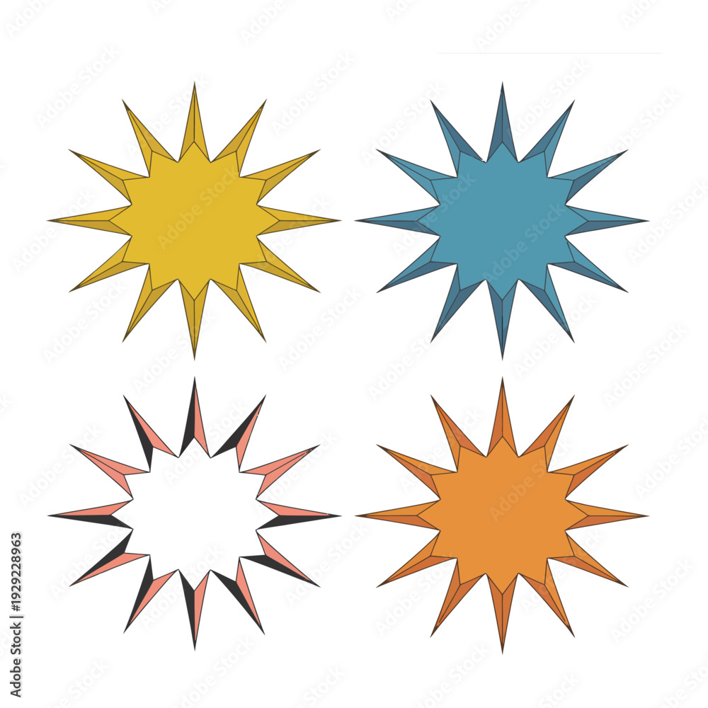 Fototapeta premium Starbursts in Design: A collection of four vibrant starburst graphics, each with unique color and style, perfect for adding visual interest and impact to any design.