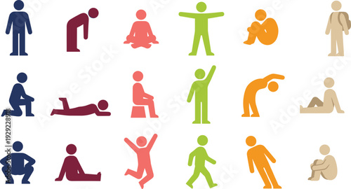 Human body poses silhouette icon set, people standing, sitting, stretching and exercising figures, colorful flat vector illustration collection