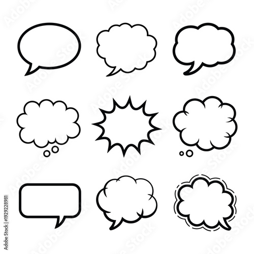 Dialogue Cloud Variety: A diverse set of speech bubbles, each with a unique shape, offering creative visual communication options, perfect for conveying thoughts, ideas, and messages.