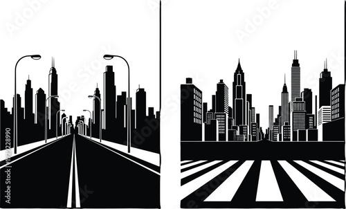 Black and White Silhouette Vector Set of Modern City Skyline Landscapes Featuring Skyscrapers High Rise Buildings Urban Roads and Street Lights Isolated on White