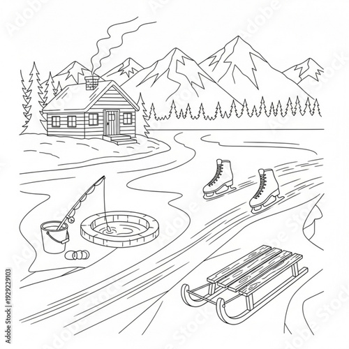 A serene winter scene featuring a cozy cabin, snow-covered mountains, and a frozen lake with ice skating and fishing activities