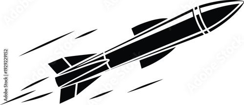 Rocket missile silhouette illustration, fast flying space projectile icon, black and white military launch design, isolated aerospace technology weapon symbol