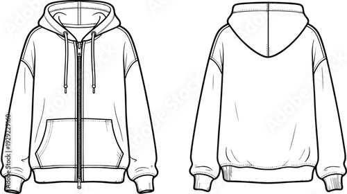 Black and white fashion technical sketch of a blank oversized zip up hoodie featuring front and back views with kangaroo pockets and ribbing.