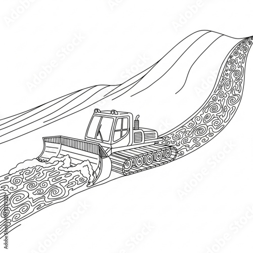 A black and white line art illustration of a bulldozer clearing a stylized snowy hillside with swirling patterns
