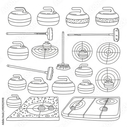A black and white line art illustration of curling equipment and targets