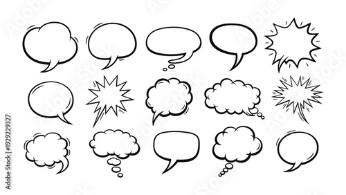 Comic speech bubble collection: A captivating assortment of speech bubbles for conveying thoughts, ideas, and dialogues in various forms, offering dynamic possibilities for graphic resources.