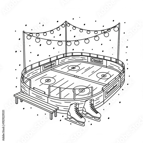 A black and white line drawing of an outdoor ice hockey rink with benches and ice skates