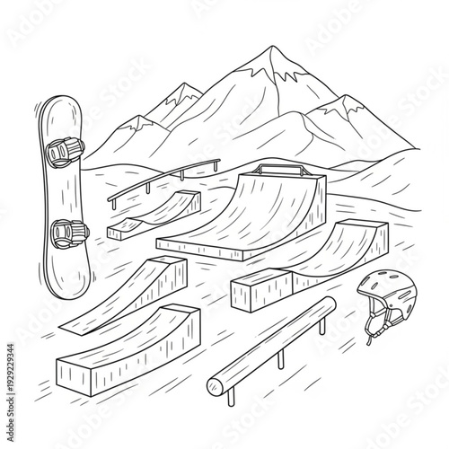 A black and white line drawing of a skate park with ramps, rails, and a skateboard and helmet, set against a backdrop of mountains.