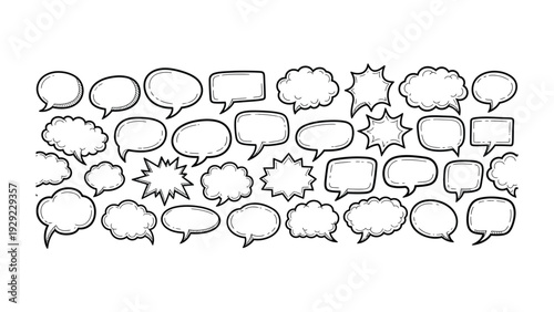 Array of thoughts: A collection of various comic speech bubbles or thought bubbles, each empty and ready to be filled, symbolizing communication, dialogue, and ideas.