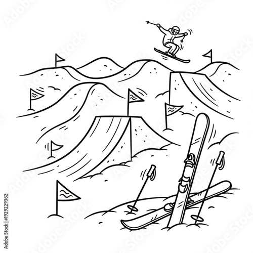 A black and white line art illustration of a skier performing a trick on a ski slope with flags and jumps